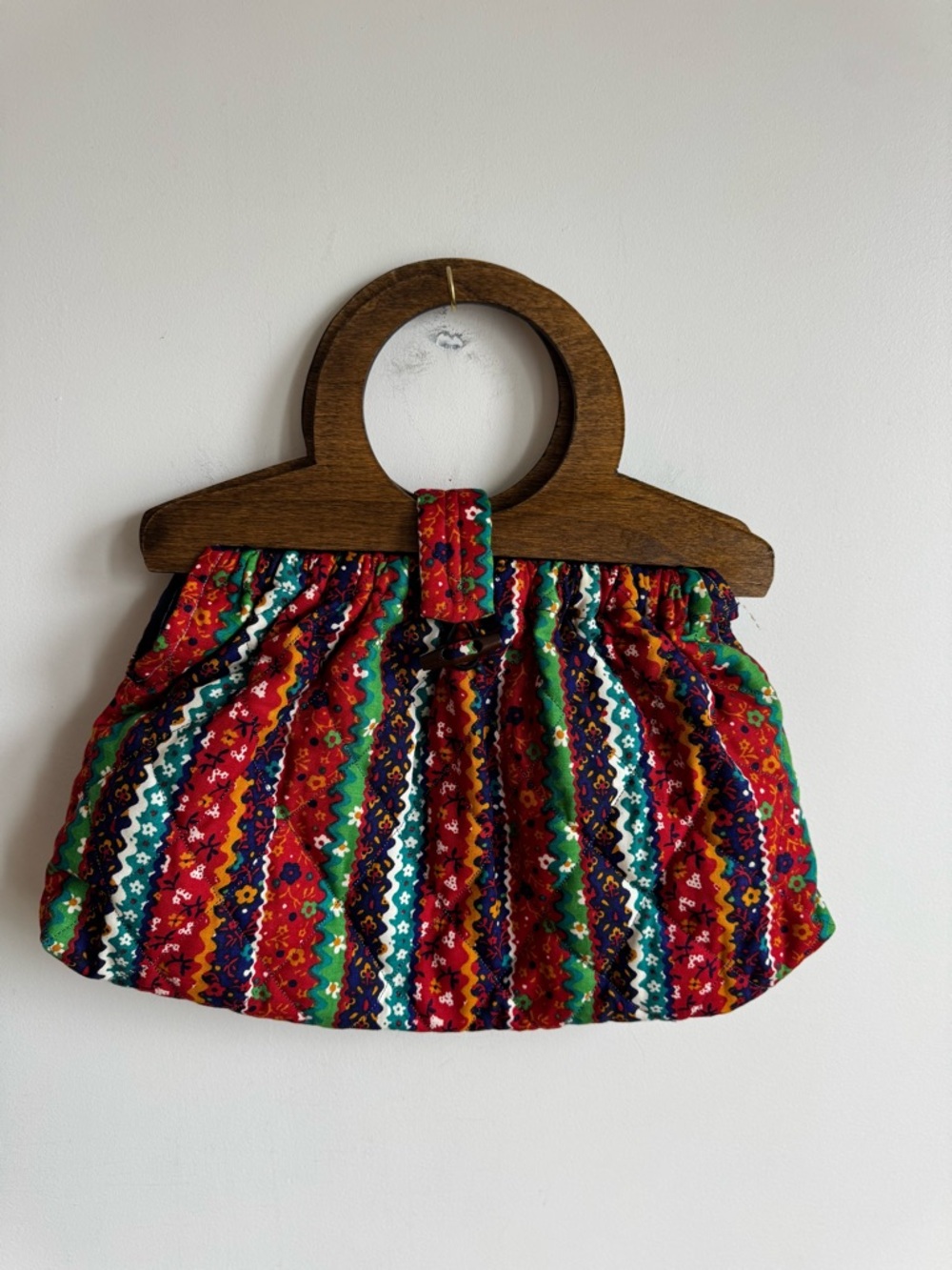 Vintage Boho Folk Print Wooden Handle Bag Cottagecore Festival Summer Purse - Picture 2 of 9